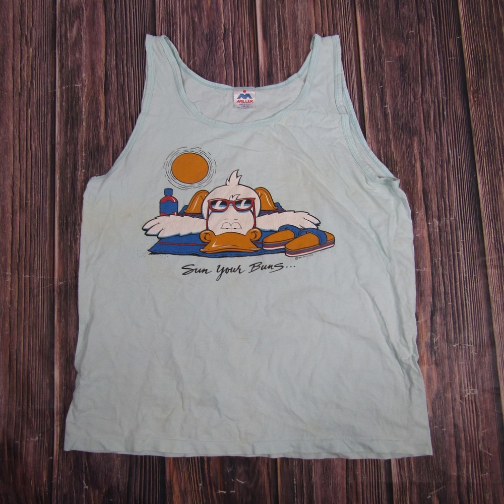 Vintage Miller Tank Top Shirt Mens Large Blue Sun Your Buns Duck Graphic 80s USA